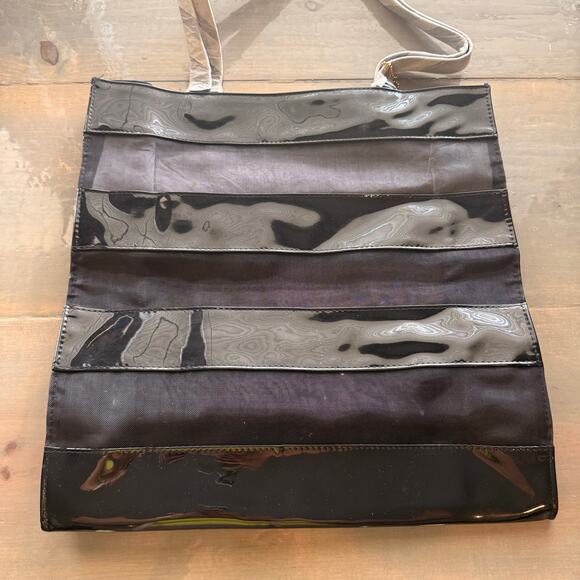 Elizabeth Arden Black Patent Leather Sheer Striped Vintage Tote NWOT - Picture 2 of 8